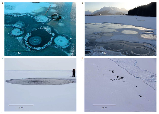 Metánszivárgások különböző méretű tavakban a kutatók felszíni és légi felvételein Alaszkában. 