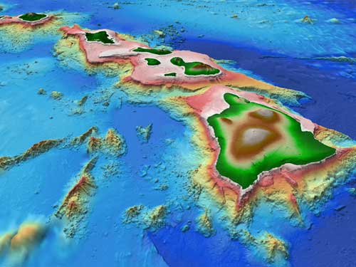 A szigetcsoport 3D felvétele (Forrás: Hawaii Mapping Research Group) 
